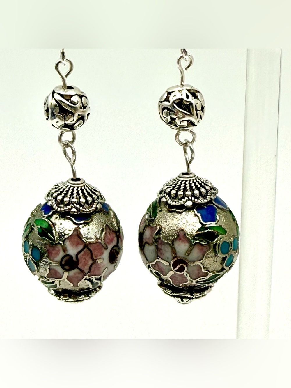 Rare-Silver Tone Cloisonné Floral Drop Earrings - Silver with Pink, Blue & Green - Picture 3 of 4